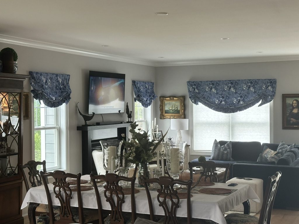 Designer tie up valances installed in a living room in Port Washington, NY